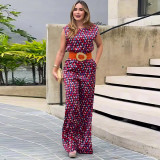 Women Summer Sleeveless Diamond Plaid Wide-Leg Jumpsuit