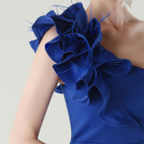 Women One-Shoulder Beaded Wool and Floral Satin Slit Sexy Evening Dress