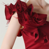 Women One-Shoulder Beaded Wool and Floral Satin Slit Sexy Evening Dress