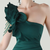 Women One-Shoulder Beaded Wool and Floral Satin Slit Sexy Evening Dress