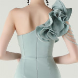 Women One-Shoulder Beaded Wool and Floral Satin Slit Sexy Evening Dress