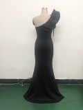 Women One-Shoulder Beaded Wool and Floral Satin Slit Sexy Evening Dress