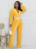 Women autumn and winter belt contrast color long-sleeved Jumpsuit