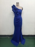 Women One-Shoulder Beaded Wool and Floral Satin Slit Sexy Evening Dress