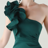 Women One-Shoulder Beaded Wool and Floral Satin Slit Sexy Evening Dress