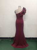 Women One-Shoulder Beaded Wool and Floral Satin Slit Sexy Evening Dress