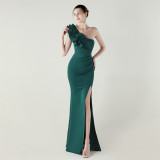Women One-Shoulder Beaded Wool and Floral Satin Slit Sexy Evening Dress