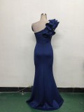 Women One-Shoulder Beaded Wool and Floral Satin Slit Sexy Evening Dress