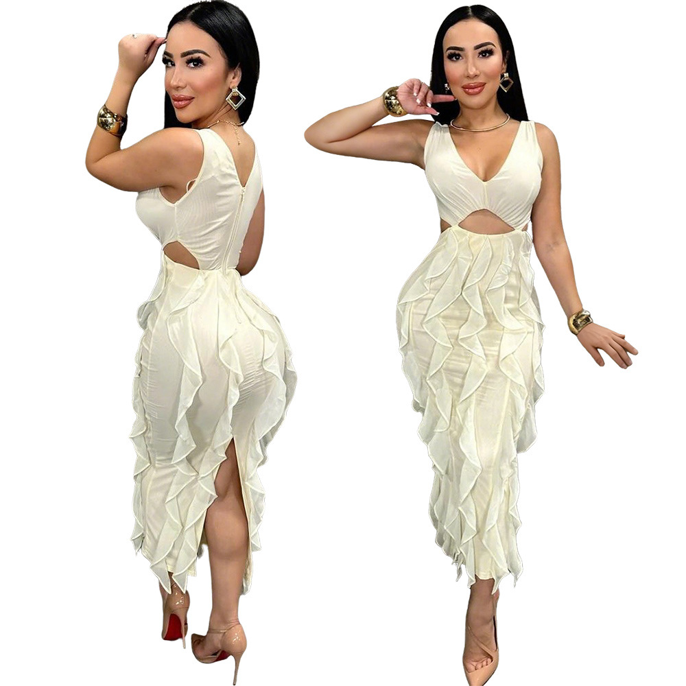 Women Sexy V-Neck Sleeveless Solid Ruffle Slit Dress