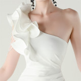 Women One-Shoulder Beaded Wool and Floral Satin Slit Sexy Evening Dress