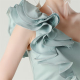 Women One-Shoulder Beaded Wool and Floral Satin Slit Sexy Evening Dress