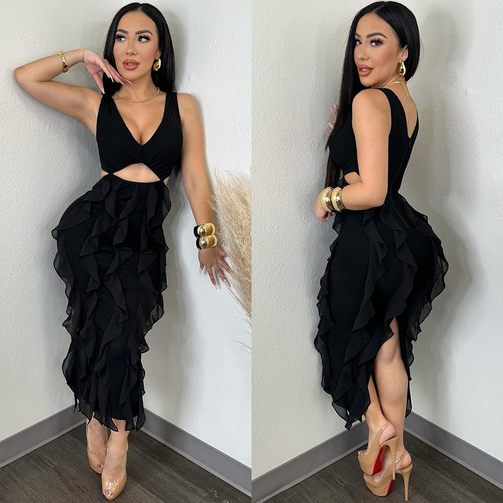 Women Sexy V-Neck Sleeveless Solid Ruffle Slit Dress