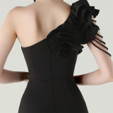 Women One-Shoulder Beaded Wool and Floral Satin Slit Sexy Evening Dress
