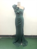Women One-Shoulder Beaded Wool and Floral Satin Slit Sexy Evening Dress