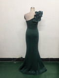 Women One-Shoulder Beaded Wool and Floral Satin Slit Sexy Evening Dress