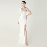 Women One-Shoulder Beaded Wool and Floral Satin Slit Sexy Evening Dress