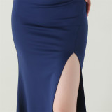 Women One-Shoulder Beaded Wool and Floral Satin Slit Sexy Evening Dress