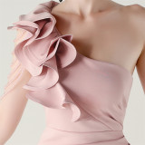Women One-Shoulder Beaded Wool and Floral Satin Slit Sexy Evening Dress