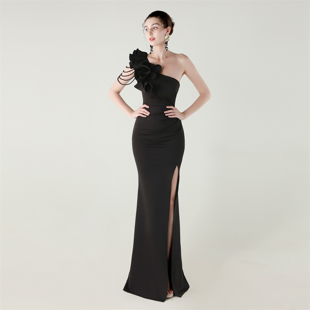 Women One-Shoulder Beaded Wool and Floral Satin Slit Sexy Evening Dress