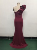 Women One-Shoulder Beaded Wool and Floral Satin Slit Sexy Evening Dress