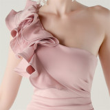 Women One-Shoulder Beaded Wool and Floral Satin Slit Sexy Evening Dress