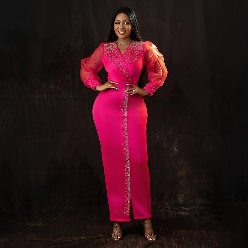 Women Beaded Puff Sleeve Stretchy V-Neck Maxi Dress