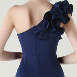 Women One-Shoulder Beaded Wool and Floral Satin Slit Sexy Evening Dress