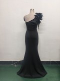 Women One-Shoulder Beaded Wool and Floral Satin Slit Sexy Evening Dress