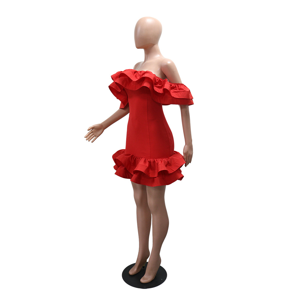 Women Sexy Off-Shoulder Strapless Solid Ruffle Summer Dress