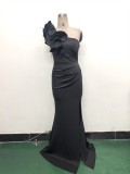 Women One-Shoulder Beaded Wool and Floral Satin Slit Sexy Evening Dress