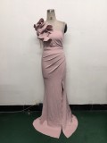 Women One-Shoulder Beaded Wool and Floral Satin Slit Sexy Evening Dress