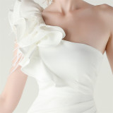 Women One-Shoulder Beaded Wool and Floral Satin Slit Sexy Evening Dress