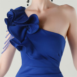 Women One-Shoulder Beaded Wool and Floral Satin Slit Sexy Evening Dress