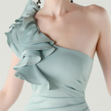 Women One-Shoulder Beaded Wool and Floral Satin Slit Sexy Evening Dress