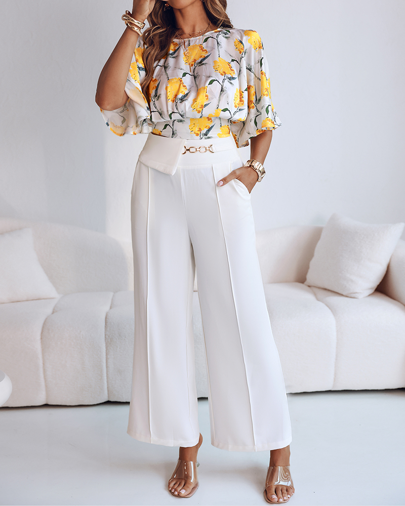 Women Yellow Floral Print Bell Bottom Sleeve Top and Pants Two-Piece Set