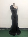 Women One-Shoulder Beaded Wool and Floral Satin Slit Sexy Evening Dress