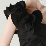 Women One-Shoulder Beaded Wool and Floral Satin Slit Sexy Evening Dress