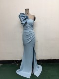 Women One-Shoulder Beaded Wool and Floral Satin Slit Sexy Evening Dress