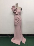 Women One-Shoulder Beaded Wool and Floral Satin Slit Sexy Evening Dress