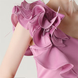 Women One-Shoulder Beaded Wool and Floral Satin Slit Sexy Evening Dress