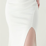 Women One-Shoulder Beaded Wool and Floral Satin Slit Sexy Evening Dress