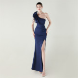 Women One-Shoulder Beaded Wool and Floral Satin Slit Sexy Evening Dress