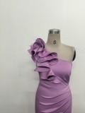 Women One-Shoulder Beaded Wool and Floral Satin Slit Sexy Evening Dress