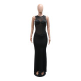 Women Mesh Patchwork Sexy See-Through Bodycon Maxi Dress