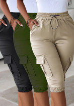 Women Summer Elastic Waist Casual Multi-Pocket Solid Capri Pants