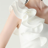 Women One-Shoulder Beaded Wool and Floral Satin Slit Sexy Evening Dress