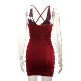Women Summer V-Neck Backless Pleated Bodycon Dress