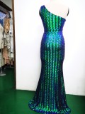 Spring Elegant Bling Bling Sequins One Shoulder Sleeveless Mermaid Formal Cocktail Evening Dress