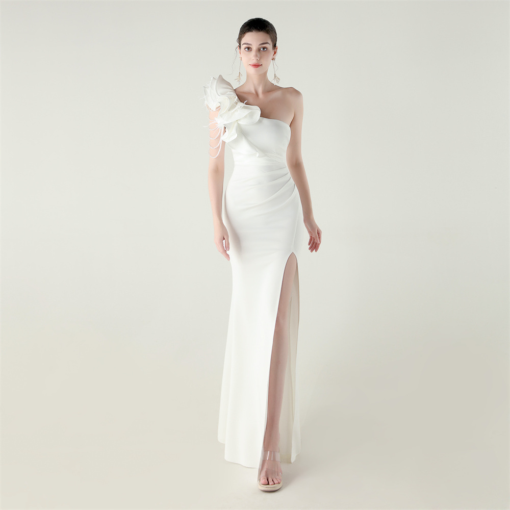 Women One-Shoulder Beaded Wool and Floral Satin Slit Sexy Evening Dress