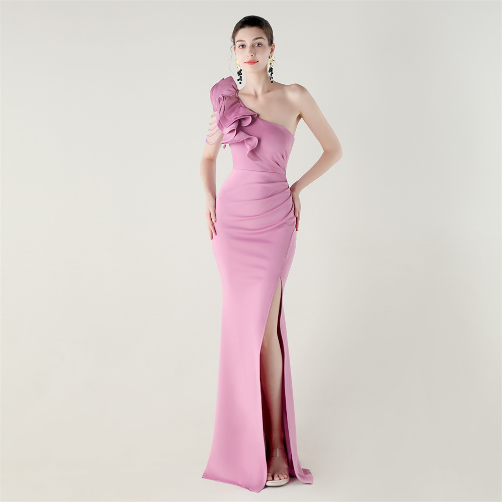 Women One-Shoulder Beaded Wool and Floral Satin Slit Sexy Evening Dress